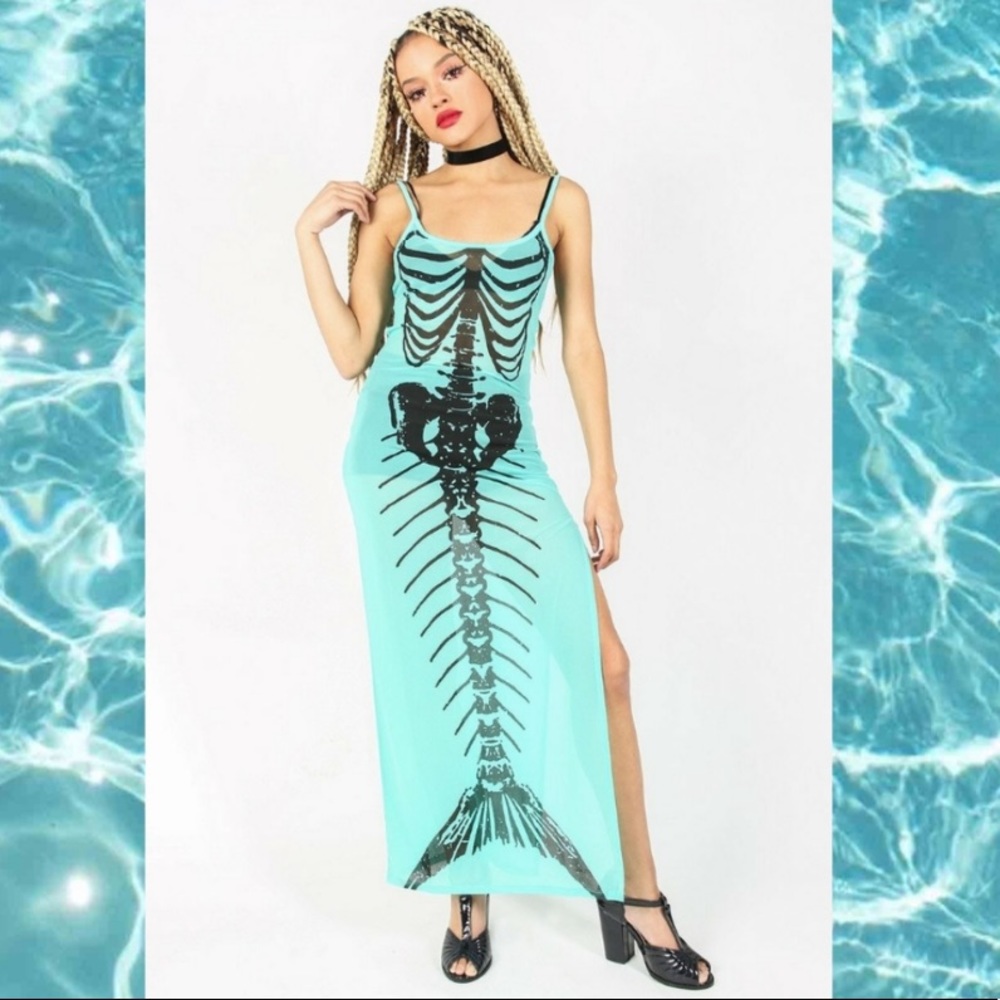 Iron Fist bone deep mermaid mesh teal maxi dress new w tags
